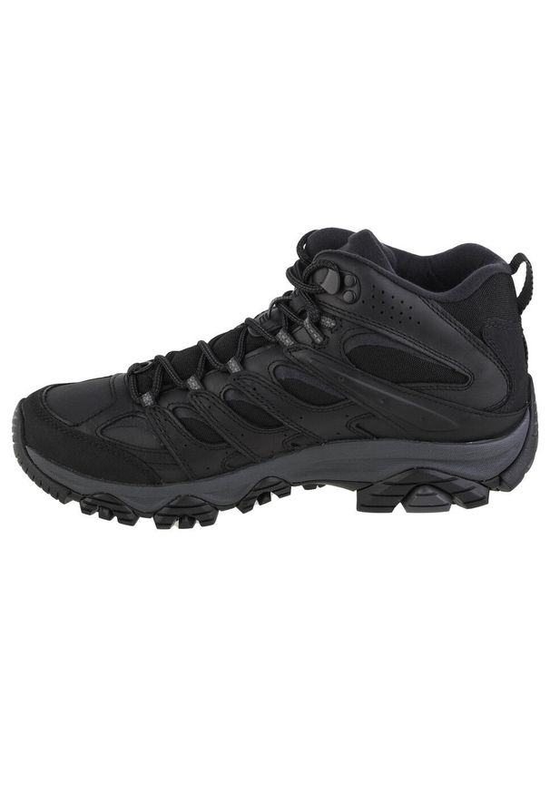 Buty trekkingowe męskie Merrell Moab Thermo Mid WP. Wysokość cholewki: za kostkę. Zapięcie: sznurówki. Kolor: czarny, szary, wielokolorowy. Materiał: tkanina, skóra, materiał, guma. Szerokość cholewki: normalna