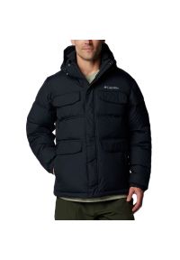 columbia - Kurtka męska Columbia Landroamer Hooded Puffer 2088081010 - czarna. Typ kołnierza: kaptur. Kolor: czarny. Materiał: puch, poliester, syntetyk, włókno, nylon. Technologia: Omni-Heat (Columbia). Wzór: aplikacja. Sezon: zima