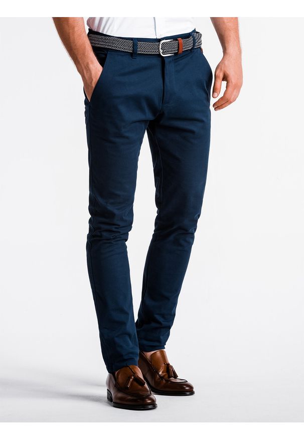 Ombre Clothing - Spodnie męskie chino - jasnogranatowe P830 - XXL. Kolor: niebieski. Materiał: bawełna, tkanina, elastan. Styl: klasyczny, elegancki