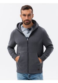 Ombre Clothing - Bluza męska rozpinana hoodie z nadrukami - grafitowa V1 B1423 - XXL. Kolor: szary. Materiał: poliester, elastan, bawełna. Wzór: nadruk #1