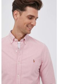 Polo Ralph Lauren Koszula bawełniana męska kolor różowy slim z kołnierzykiem button-down. Typ kołnierza: button down, polo. Kolor: różowy. Materiał: bawełna. Wzór: gładki