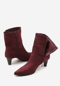 Renee - Bordowe Botki na Stożku z Imitacji Zamszu Avinella. Okazja: na co dzień. Kolor: czerwony. Materiał: zamsz. Obcas: na stożku. Styl: casual. Wysokość obcasa: średni #6