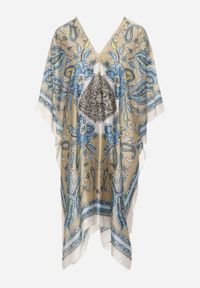 Born2be - Beżowe Lekkie Ponczo Narzutka z Jedwabiu i Wiskozy w Ornamentalny Wzór Azendia. Okazja: na spacer, na plażę, na co dzień. Typ kołnierza: dekolt w kształcie V. Kolor: beżowy. Materiał: jedwab, wiskoza. Wzór: aplikacja. Sezon: lato. Styl: casual, klasyczny #6