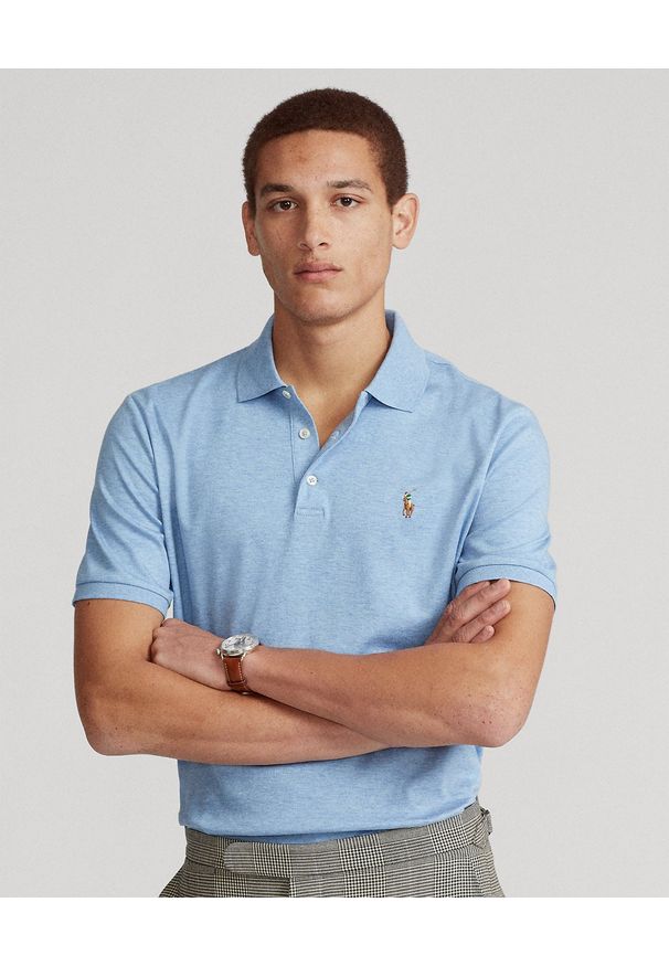 Ralph Lauren - RALPH LAUREN - Niebieska koszulka polo Custom Fit. Typ kołnierza: polo. Kolor: niebieski. Materiał: bawełna, prążkowany. Wzór: haft, melanż, kolorowy. Styl: sportowy