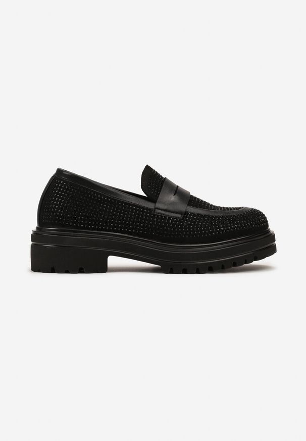 Born2be - Czarne Mokasyny z Cyrkoniami i Grubą Podeszwą Viviasella. Okazja: na co dzień. Kolor: czarny. Styl: elegancki, casual