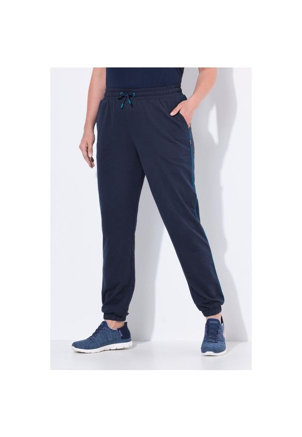 ULLA POPKEN - Damskie Spodnie dresowe lamówka z boku elastyczny ściągacz elastyczny dół. Kolekcja: plus size. Kolor: niebieski. Materiał: materiał, poliester, bawełna
