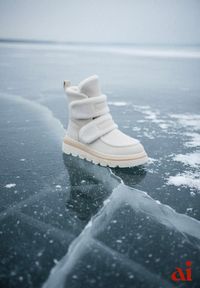 Renee - Beżowe Botki Typu Śniegowce na Platformie z Dwoma Ozdobnymi Rzepami Edarlia. Okazja: na co dzień. Zapięcie: rzepy. Kolor: beżowy. Materiał: jeans. Obcas: na platformie. Styl: casual, elegancki #1