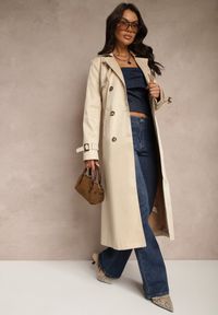 Renee - Beżowy Płaszcz w Stylu Trencza z Paskiem i Klamrą Sinthelle. Okazja: do pracy, na co dzień. Kolor: beżowy. Styl: casual, elegancki