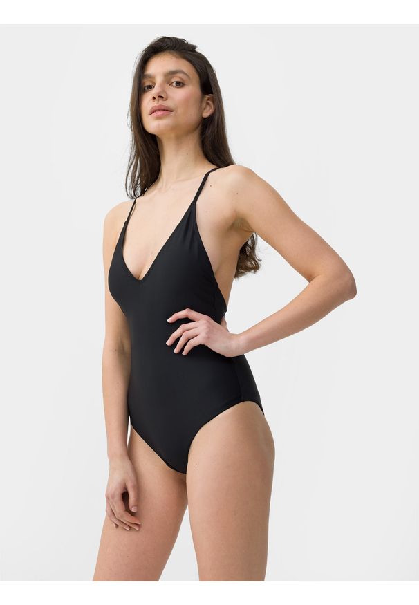 4f - Kostium kąpielowy jednoczęściowy z materiałów z recyklingu damski. Kolor: czarny. Materiał: materiał. Wzór: gładki