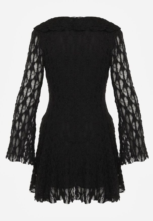 Renee - Czarna Eteryczna Sukienka z Koronki z Falbankami i Wiązaniem Dianatta. Okazja: na co dzień. Typ kołnierza: kołnierz z falbankami. Kolor: czarny. Materiał: koronka. Wzór: koronka. Styl: boho, casual, elegancki