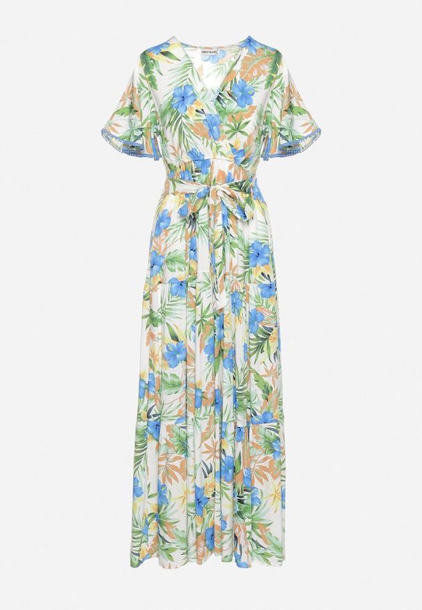 Born2be - Biało-Niebieska Sukienka w Kolorowe Kwiaty z Kopertowym Dekoltem i Wiązanym Paskiem Thaliorra. Kolor: biały. Wzór: kolorowy, kwiaty. Typ sukienki: kopertowe