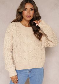 Renee - Beżowy Sweter z Wełną i Bawełną w Warkoczykowy Splot Kestina. Kolor: beżowy. Materiał: bawełna, wełna. Wzór: ze splotem. Styl: klasyczny #7