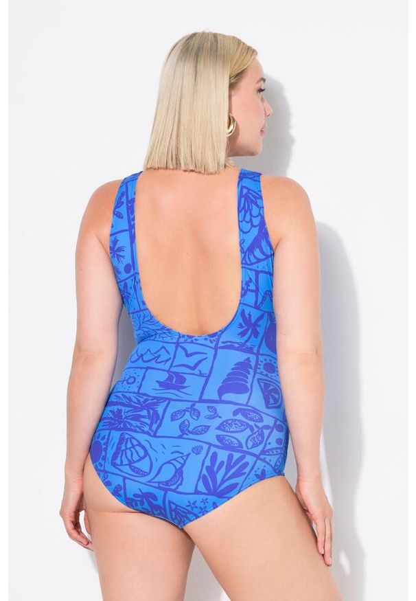 ULLA POPKEN - Damski Kostium kąpielowy muszelki dekolt w serek miękkie miseczki. Kolekcja: plus size. Kolor: niebieski. Materiał: poliester, elastan, poliamid, materiał