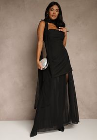 Renee - Czarna Wieczorowa Sukienka Bandeau z Dodatkowym Szalem Meridvia. Okazja: na wesele, na ślub cywilny, na studniówkę, na imprezę. Kolor: czarny. Długość rękawa: na ramiączkach. Styl: wizytowy #1