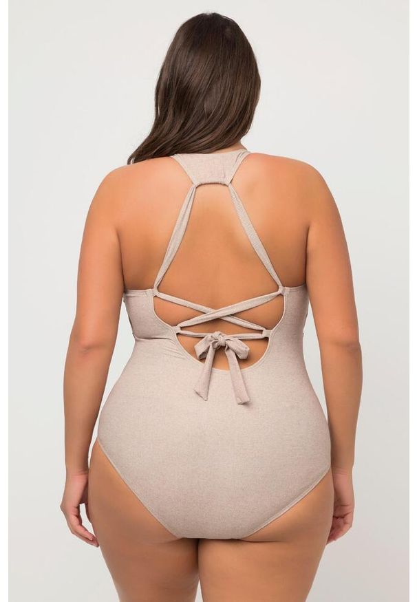 ULLA POPKEN - Damski Kostium kąpielowy imitacja juty usztywniane miseczki. Kolekcja: plus size. Kolor: beżowy. Materiał: włókno, elastan, poliamid, materiał
