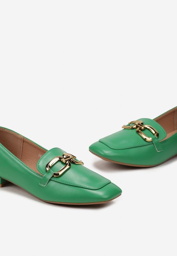 Renee - Zielone Eleganckie Mokasyny na Płaskim Obcasie z Klamerką Lorenme. Nosek buta: okrągły. Kolor: zielony. Materiał: jeans. Obcas: na obcasie. Styl: elegancki. Wysokość obcasa: niski
