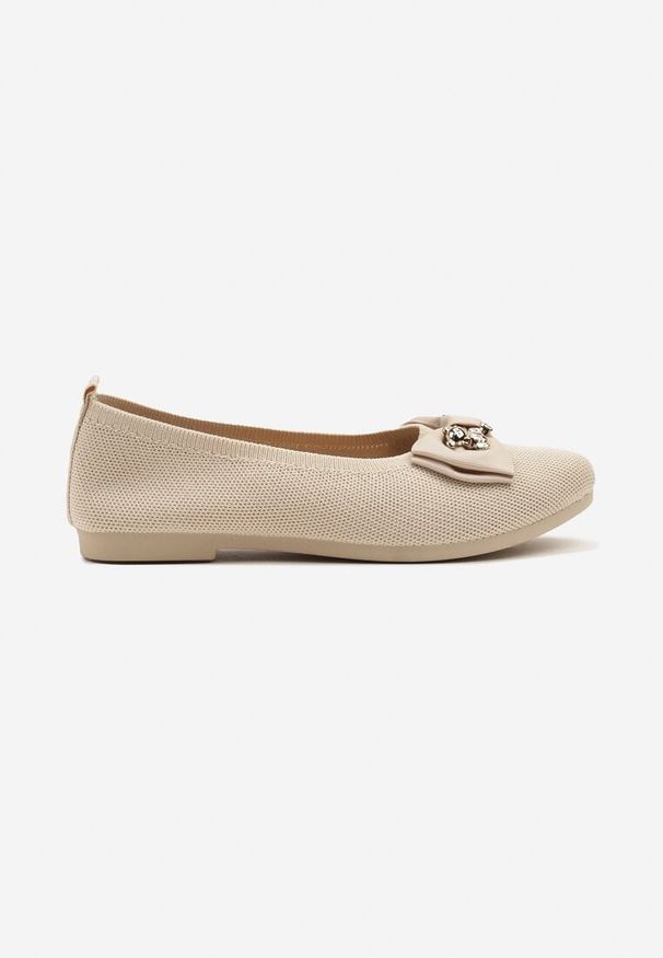 Born2be - Beżowe Balerinki z Kokardą i Metalicznymi Ozdobami Litelline. Okazja: na co dzień. Kolor: beżowy. Wzór: aplikacja. Styl: glamour, klasyczny, elegancki, casual