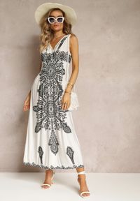 Renee - Biała Długa Sukienka z Wzorem Boho Sznurkami na Ramionach i Gumką w Pasie Hideni. Kolor: biały. Styl: boho. Długość: maxi