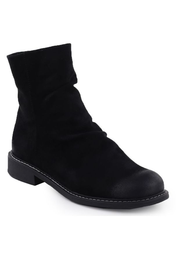 POTOCKI - Botki zamszowe damskie marszczone czarne Potocki Z25-SZ12716. Kolor: czarny. Materiał: nubuk, zamsz. Styl: elegancki