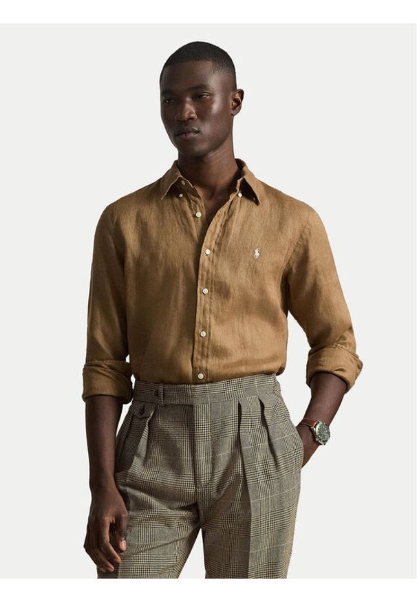 Polo Ralph Lauren Koszula 710966294505 Brązowy Regular Fit. Typ kołnierza: polo. Kolor: brązowy. Materiał: len