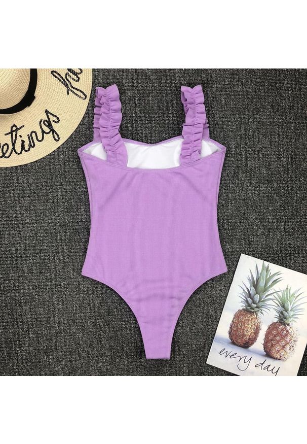 Intica - Strój kąpielowy z ozdobnymi ramiączkami na plażę i basen Berny. Kolor: niebieski. Materiał: materiał. Wzór: aplikacja