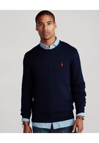 Ralph Lauren - RALPH LAUREN - Granatowy sweter z bawełny Regular Fit. Typ kołnierza: polo. Kolor: niebieski. Materiał: bawełna. Wzór: haft, ze splotem. Styl: klasyczny #1