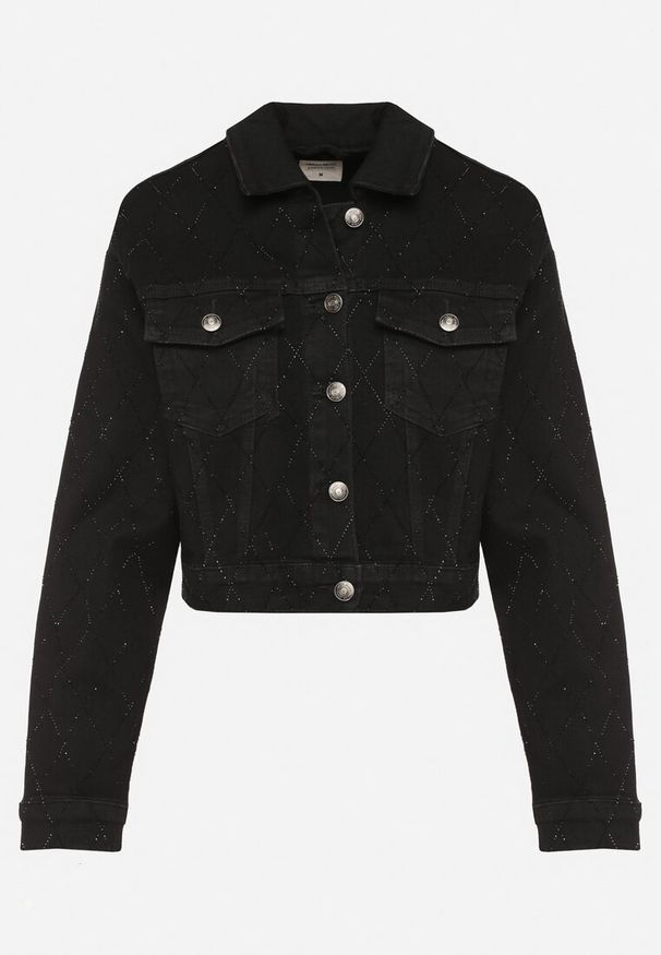 Born2be - Czarna Kurtka Jeansowa z Bawełną Ozdobiona Cyrkoniami Fallisna. Okazja: na co dzień. Kolor: czarny. Materiał: jeans, bawełna. Wzór: aplikacja. Styl: elegancki, casual