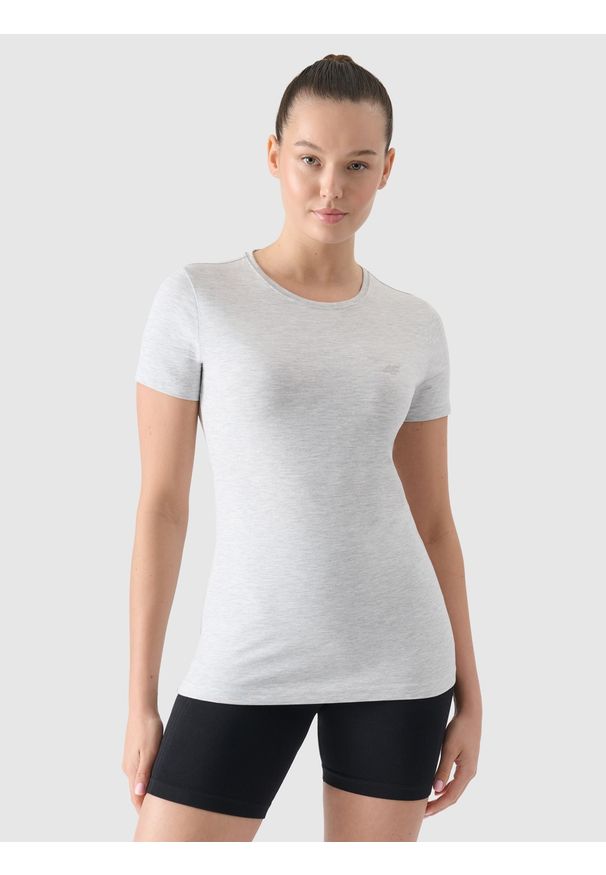 4f - 4F T-shirt slim gładki damski - szary M. Okazja: na co dzień. Kolor: szary. Materiał: dzianina, bawełna, jersey, materiał, elastan. Długość rękawa: krótki rękaw. Długość: krótkie. Wzór: gładki. Sezon: lato. Styl: klasyczny, sportowy, casual
