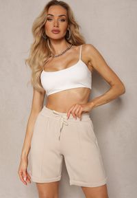 Renee - Beżowe Casualowe Szorty High Waist z Kieszeniami Wykończone Gumką Shezetta. Okazja: na co dzień. Stan: podwyższony. Kolor: beżowy. Materiał: materiał. Sezon: lato. Styl: casual