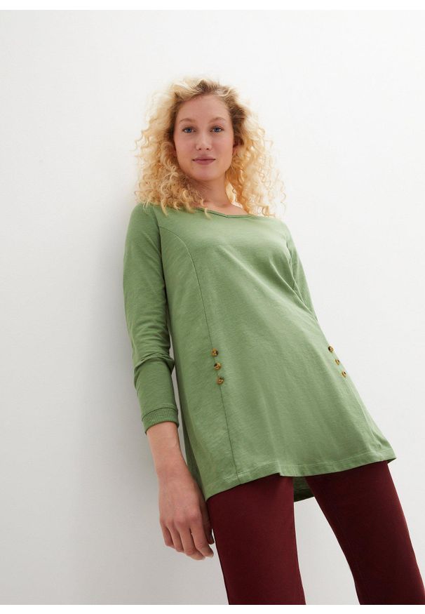 bonprix - Długa bluzka z czystej bawełny. Kolor: zielony. Materiał: bawełna. Długość: długie