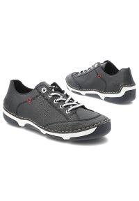 Półbuty damskie Rieker, cholewka ze skóry naturalnej o ziarnistej fakturze z kontrastowym sznurowaniem i bocznym zamkiem, niebieskie, 55901-14. Okazja: na co dzień. Zapięcie: zamek. Kolor: niebieski. Materiał: skóra. Szerokość cholewki: normalna. Styl: casual, klasyczny, sportowy #7