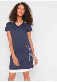 bonprix - Sukienka shirtowa z krótkim rękawem i kapturem, w optyce dwuwarstwowej. Kolor: niebieski. Długość rękawa: krótki rękaw