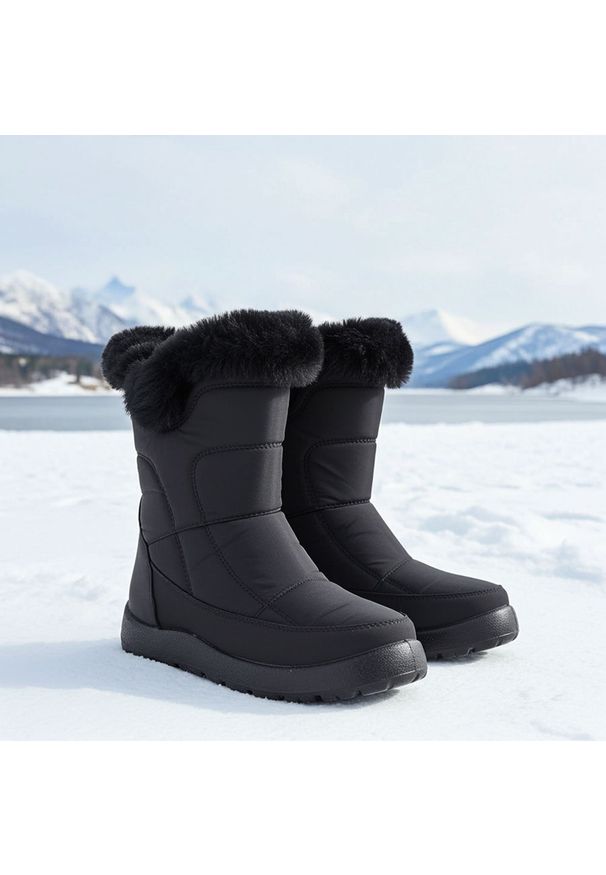 POTOCKI - Śniegowce damskie płaskie ocieplane czarne Potocki KI24322. Kolor: czarny. Materiał: tkanina