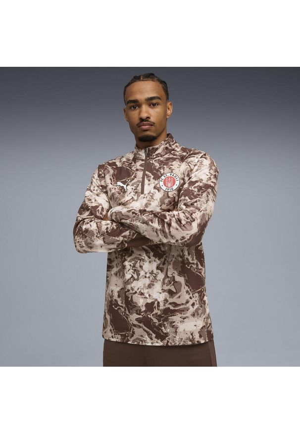 Puma - Męska bluza przedmeczowa FC St. Pauli z zamkiem 1/4 PUMA. Kolor: brązowy, biały, wielokolorowy. Sport: bieganie