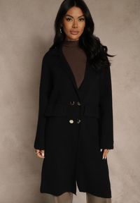 Renee - Czarny Płaszcz Dwurzędowy o Długim Kroju w Eleganckim Stylu Saratusa. Okazja: do pracy. Kolor: czarny. Materiał: jeans. Długość: długie. Styl: elegancki #1