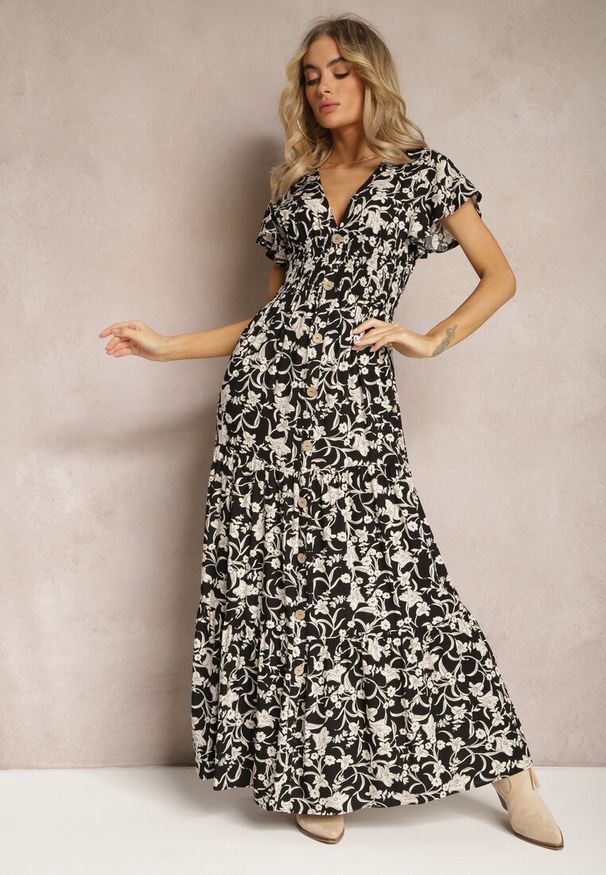 Renee - Czarno-Biała Sukienka z Gumką w Pasie w Kwiatowy Wzór z Ozdobnymi Guzikami Ellsa. Kolor: czarny. Wzór: kwiaty