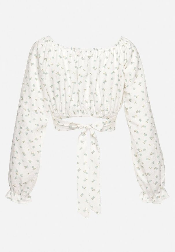 Born2be - Biało-Miętowa Bluzka w Drobne Kwiatki Wiązana Pod Biustem Wokół Talii Docamona. Okazja: na co dzień. Kolor: biały. Materiał: jeans, bawełna. Wzór: kwiaty. Styl: casual