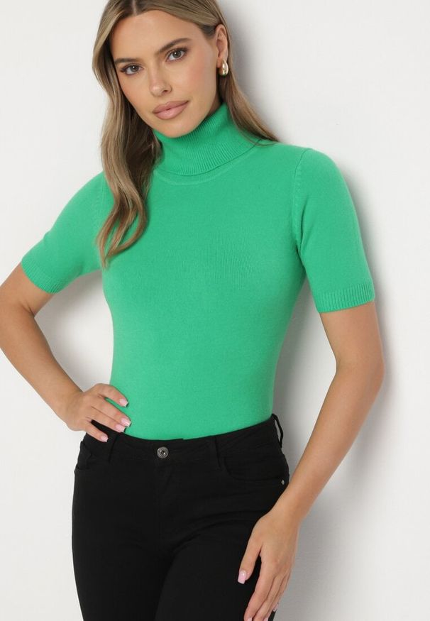 Born2be - Zielona Bluzka z Golfem z Dodatkiem Wiskozy i Bawełny z Krótkim Rękawem Ciamira. Okazja: na spotkanie biznesowe. Typ kołnierza: golf. Kolor: zielony. Materiał: bawełna, wiskoza. Długość rękawa: krótki rękaw. Długość: krótkie. Wzór: aplikacja. Styl: elegancki, biznesowy