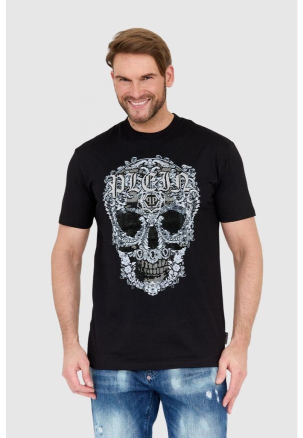 Philipp Plein - PHILIPP PLEIN Czarny męski t-shirt z czaszką zdobioną dżetami. Kolor: czarny. Wzór: aplikacja