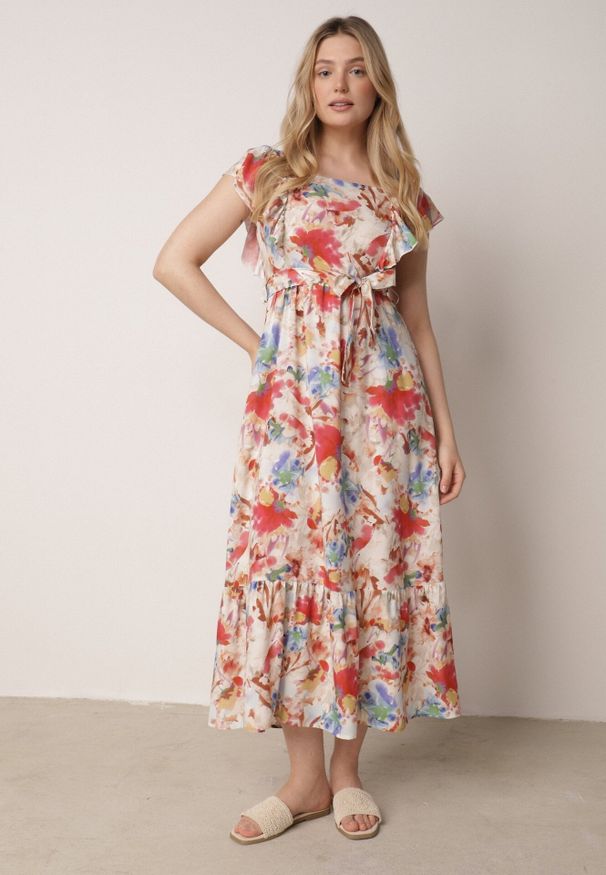 Born2be - Beżowo-Różowa Wiskozowa Sukienka w Kwiaty na Ramiączkach z Falbanką i Materiałowym Paskiem Moemia. Okazja: na co dzień, na wesele, na ślub cywilny, na imprezę. Typ kołnierza: dekolt kwadratowy, kołnierz z falbankami. Kolor: beżowy. Materiał: wiskoza, materiał. Długość rękawa: na ramiączkach. Wzór: kwiaty. Styl: elegancki, casual