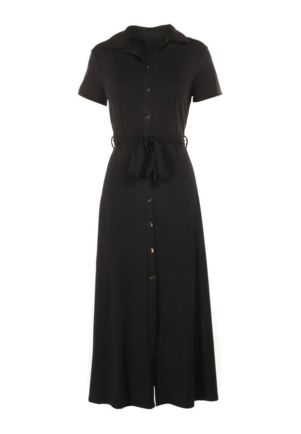 Born2be - Czarna Sukienka o Koszulowym Fasonie Wiązana w Talii Ophieithe. Okazja: na co dzień. Kolor: czarny. Materiał: dzianina, materiał. Długość rękawa: krótki rękaw. Typ sukienki: koszulowe. Styl: casual. Długość: midi