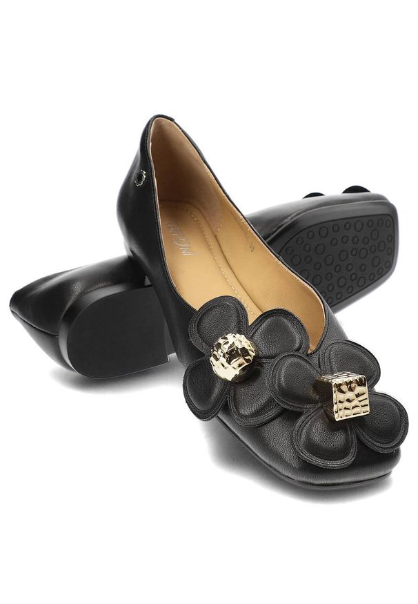Czarne Czółenka Tuffoni Eleganckie Buty Damskie. Okazja: na co dzień. Zapięcie: bez zapięcia. Kolor: czarny. Szerokość cholewki: normalna. Wzór: aplikacja. Materiał: skóra. Obcas: na obcasie. Styl: elegancki. Wysokość obcasa: niski