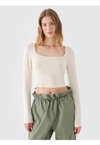 4f - 4F Longsleeve slim gładki damski - biały XS. Okazja: na co dzień. Typ kołnierza: dekolt w karo. Kolor: biały. Długość: długie. Wzór: gładki. Materiał: dzianina, wiskoza, jersey, materiał, elastan. Długość rękawa: długi rękaw. Sezon: lato, wiosna. Styl: klasyczny, sportowy, casual