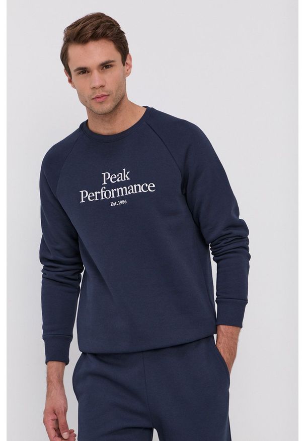 Peak Performance Bluza męska kolor granatowy melanżowa. Okazja: na co dzień. Kolor: niebieski. Materiał: bawełna, dzianina. Długość rękawa: raglanowy rękaw. Wzór: melanż. Styl: casual