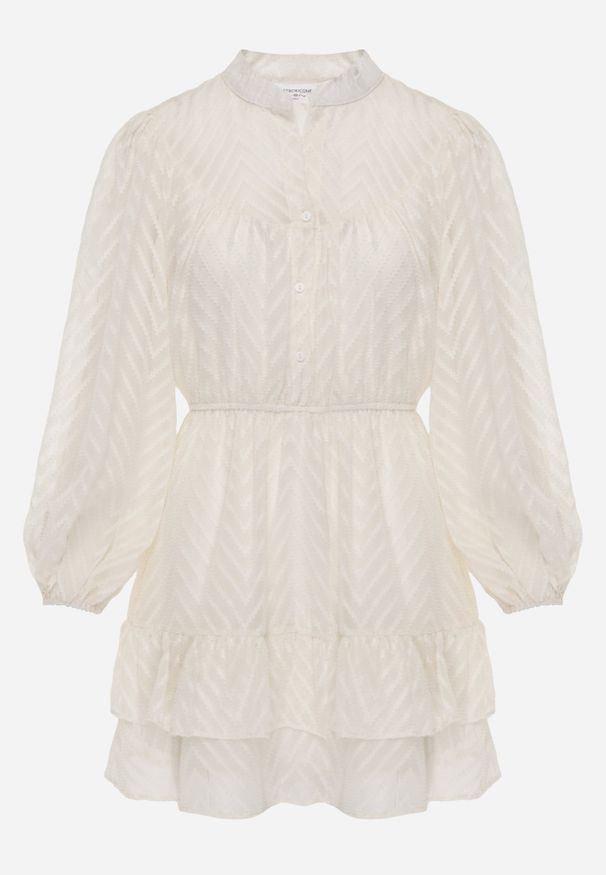 Renee - Jasnobeżowa Sukienka Mini w Skośne Paski o Rozkloszowanym Fasonie z Gumką w Talii Tennari. Kolor: beżowy. Materiał: materiał. Wzór: paski. Długość: mini