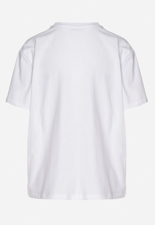 Born2be - Biały T-shirt Oversize z Bawełny Zdobiony Kokardą z Cekinów Tenesela. Okazja: na co dzień. Typ kołnierza: kokarda. Kolor: biały. Materiał: bawełna. Wzór: aplikacja. Styl: casual