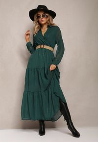 Renee - Ciemnozielona Sukienka z Kopertowym Dekoltem i Plecionym Paskiem Velo. Kolor: zielony. Materiał: tkanina. Typ sukienki: kopertowe #2