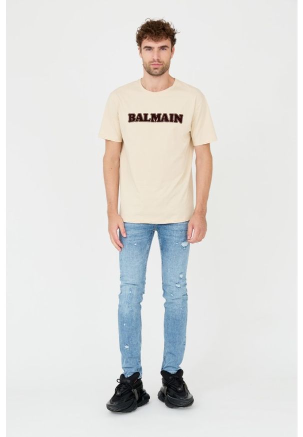 BALMAIN Beżowy męski t-shirt Retro Balmain Flock, Rozmiar XL. Kolor: beżowy. Styl: retro
