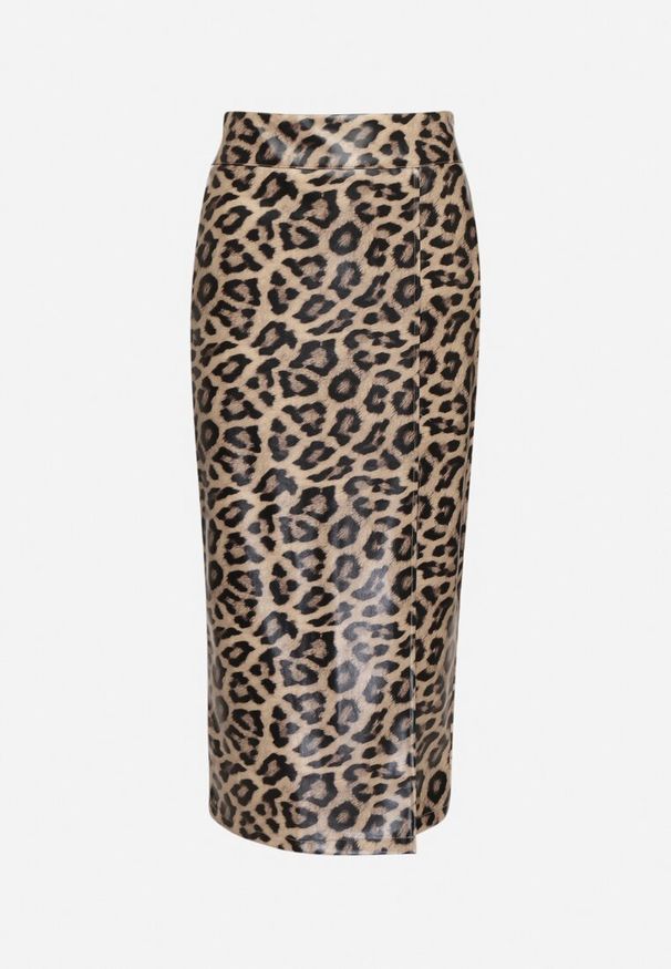 Born2be - Brązowa Panterkowa Spódnica Ołówkowa z Wysokim Stanem Ozdobiona Rozcięciem Tamirelia. Okazja: na co dzień, do pracy. Stan: podwyższony. Kolor: brązowy. Wzór: aplikacja. Styl: casual, elegancki, wizytowy