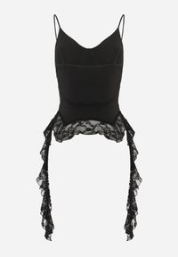 Renee - Czarna Bluzka z Dodatkiem Wiskozy i Falbankami z Koronki Coramala. Typ kołnierza: kołnierz z falbankami. Kolor: czarny. Materiał: wiskoza, koronka. Długość rękawa: na ramiączkach. Wzór: koronka. Styl: elegancki #7